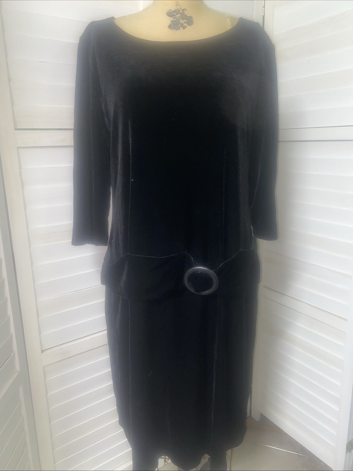 90s VTG Dani Max Black Velvet Dress Women’s 3/4 Sleeve Straight Pencil Belt 16