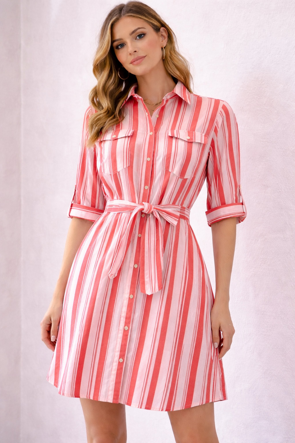 Millenium Womens Striped cotton 3/4 roll tab sleeve collared knee length Dress