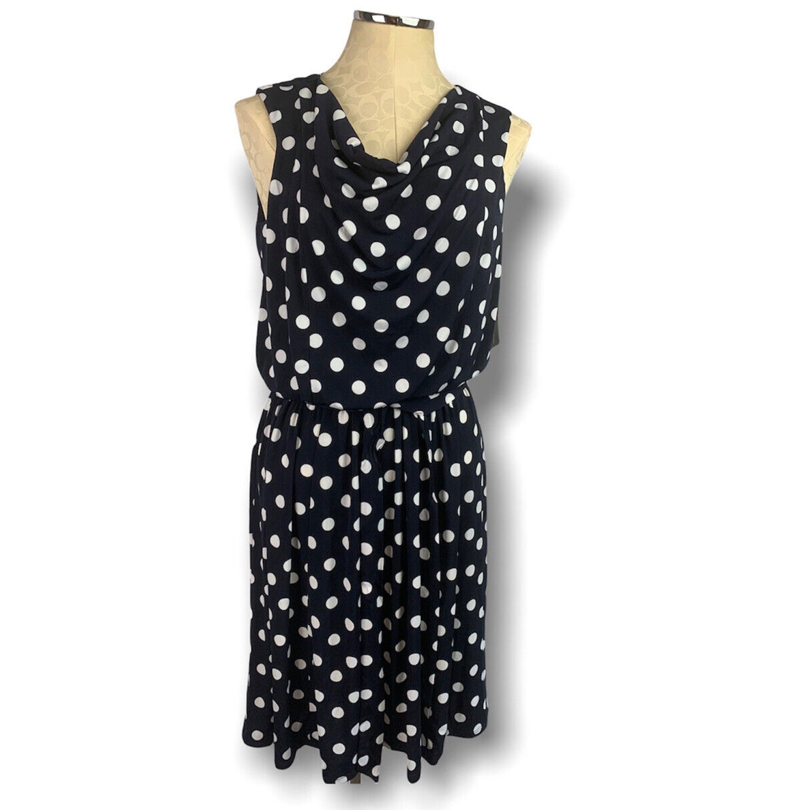 Size 12 En Focus Studio New Sleeveless Navy Blue Polka Dot Blouson Dress