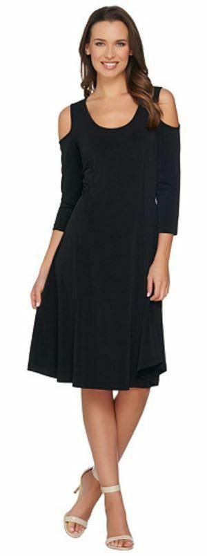 Susan Graver Size 2X Black Liquid Knit 3/4 Sleeve Cold Shoulder Dress