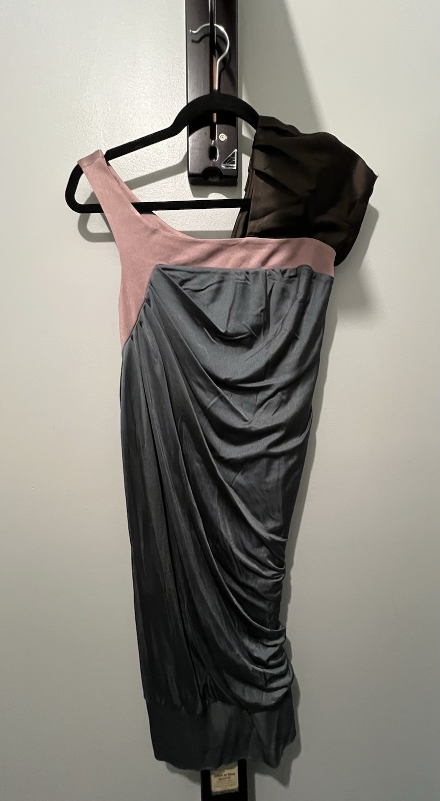 Iodice One Shoulder Ruched Satin Colorblock Cocktail Dress Gray Pink Black XS