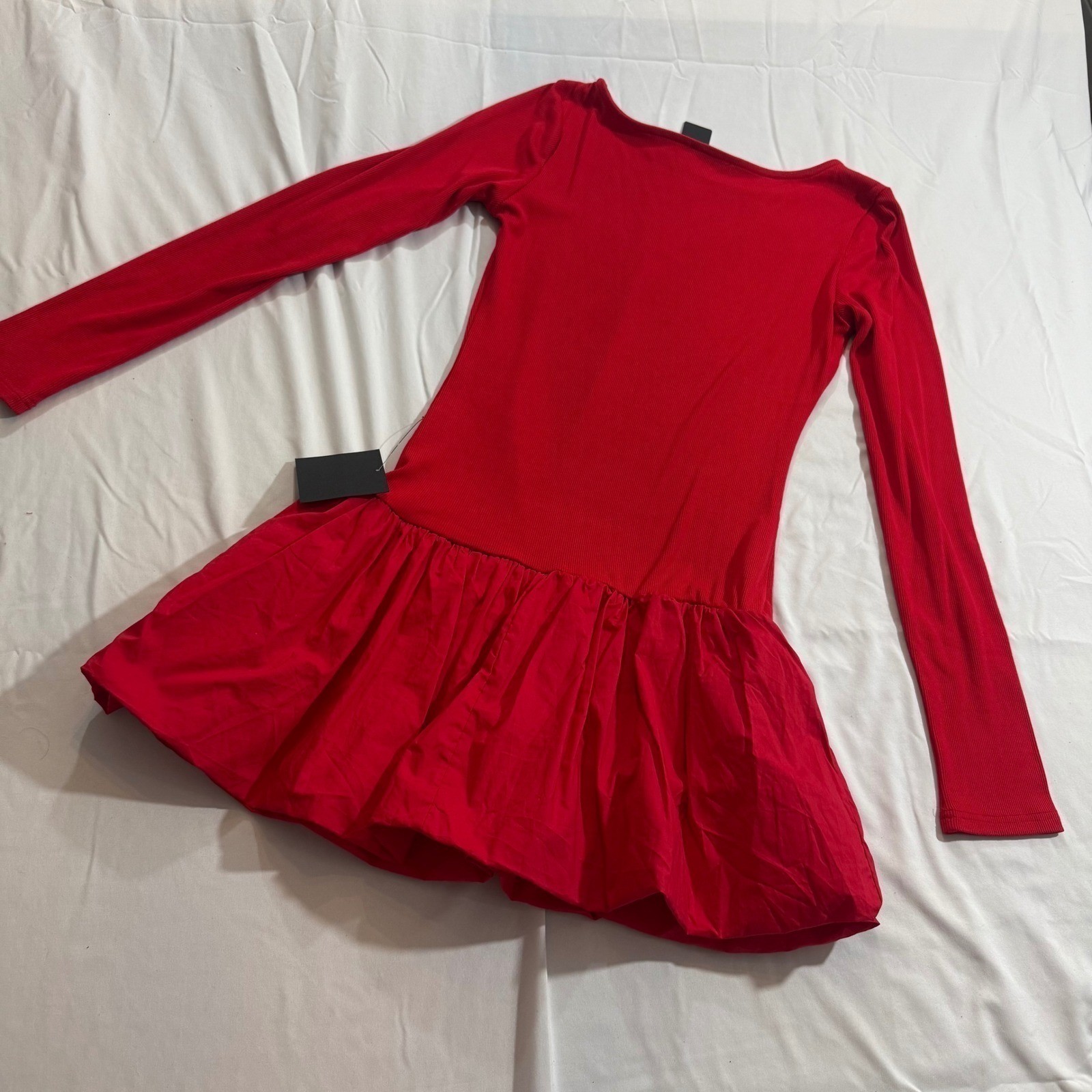 NWT Lulus Red Long Sleeve Bubble Hem Mini Dress Ribbed Knit Drop Waist Small NWT