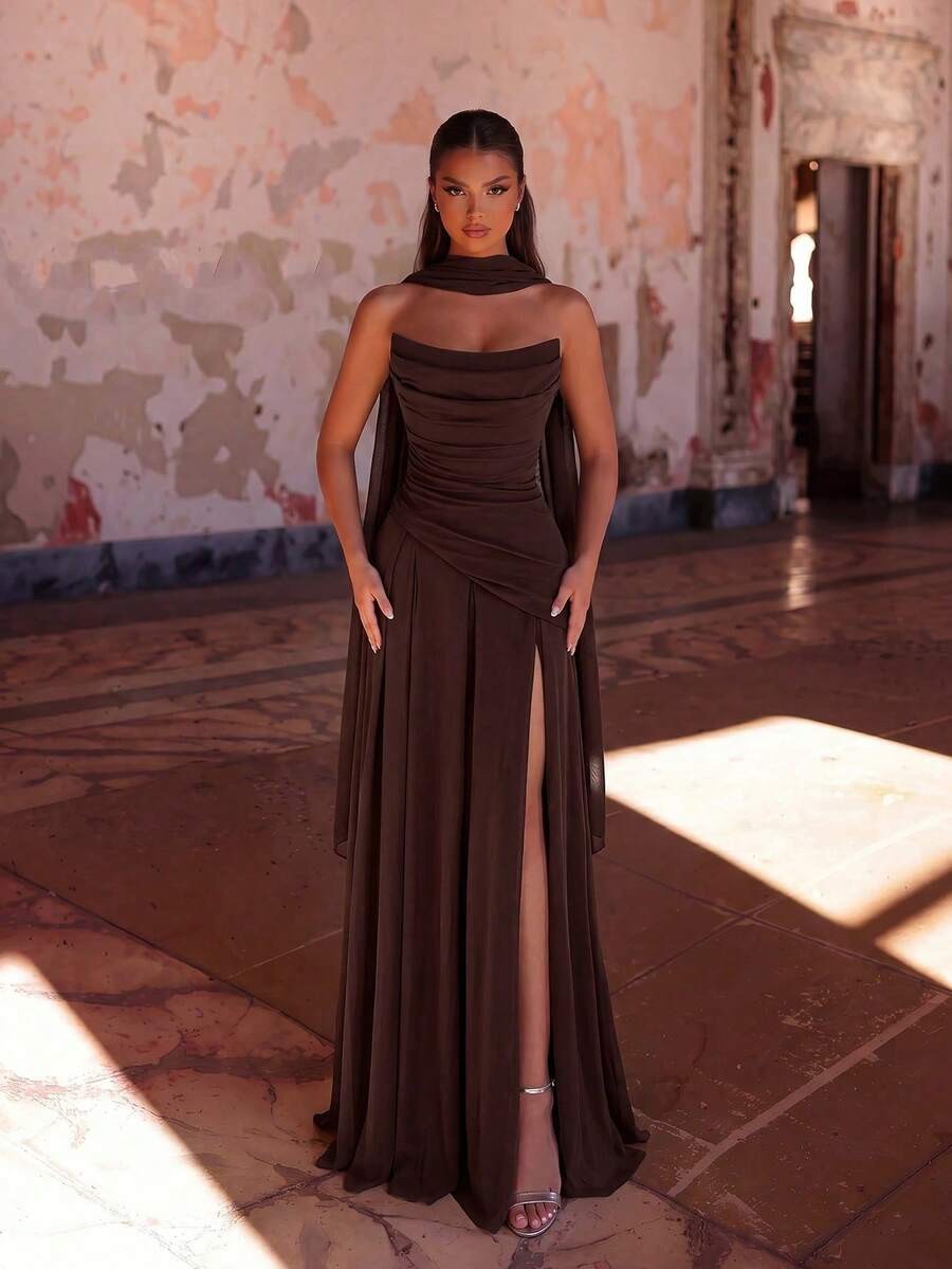 Stylish Strapless Shawl Slit Corset Fit & Flare Maxi Dress
