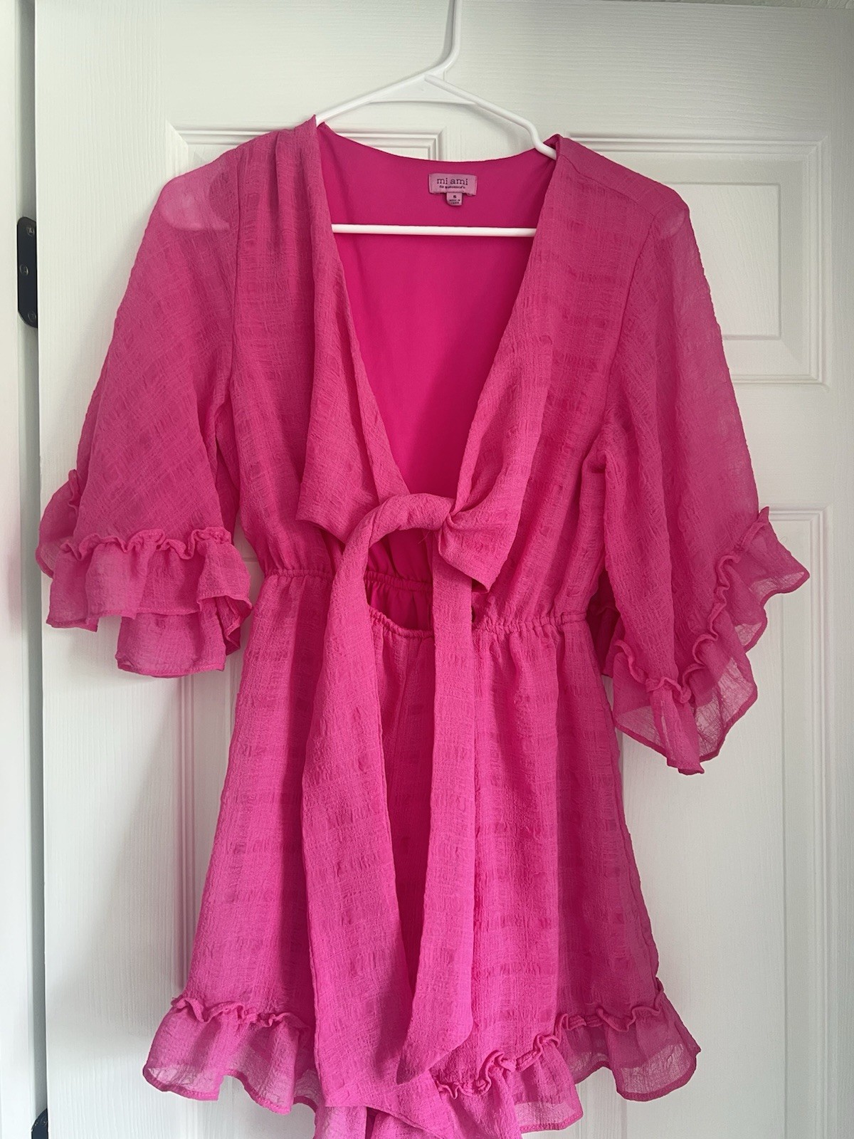 Miami for Francesca’s Pink Solid Ruffle V-Neck Tie Waist Mini Dress Size S