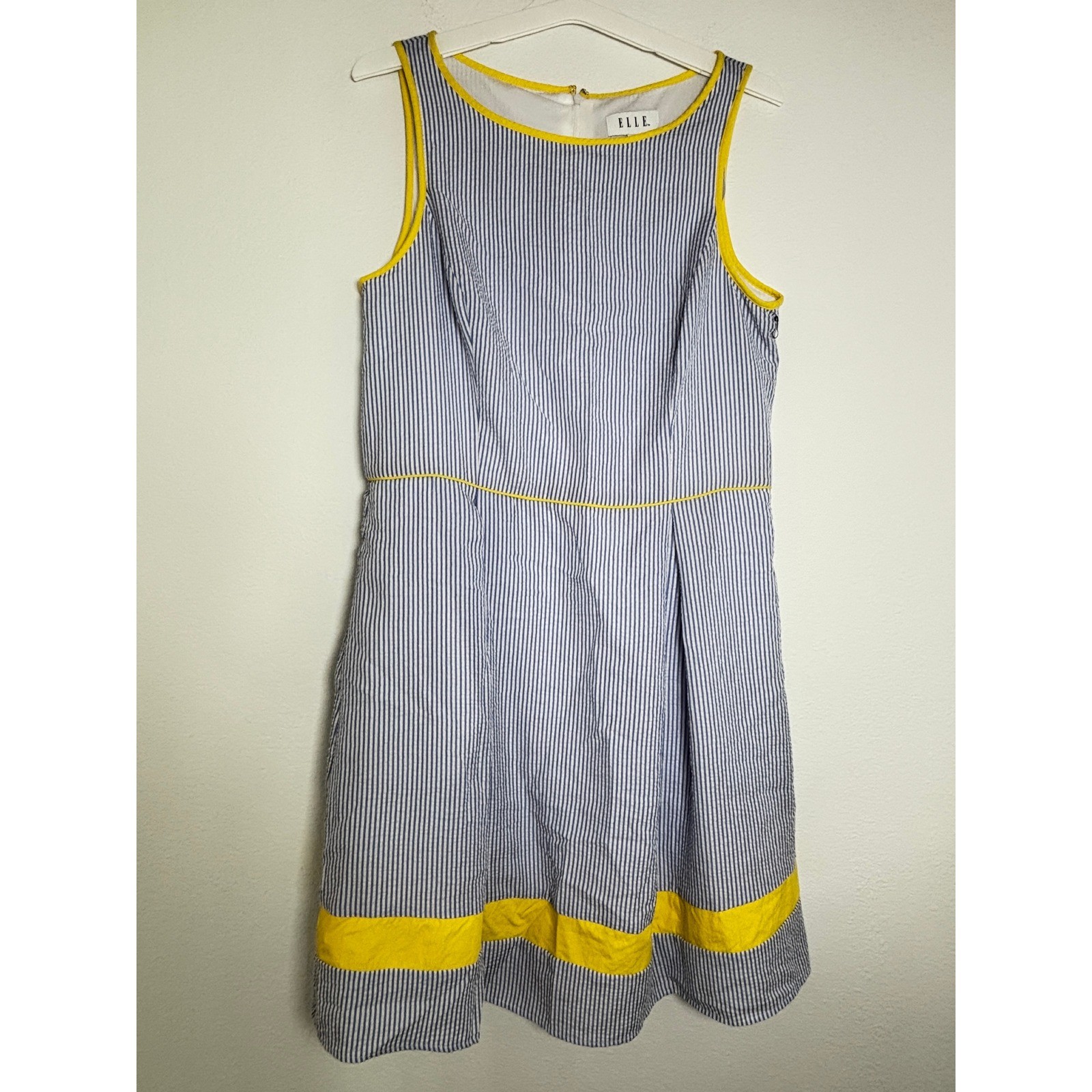 Elle Blue White Striped Seersucker Dress Yellow Trim Sleeveless Size L