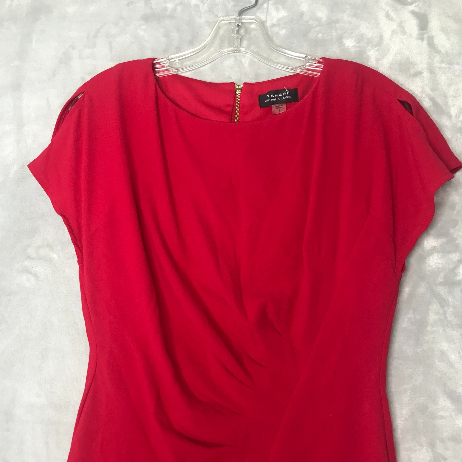 Tahari Dress Womens 6 Red Sheath Split Cap Sleeve Ruched Waist Asymmetric Hem
