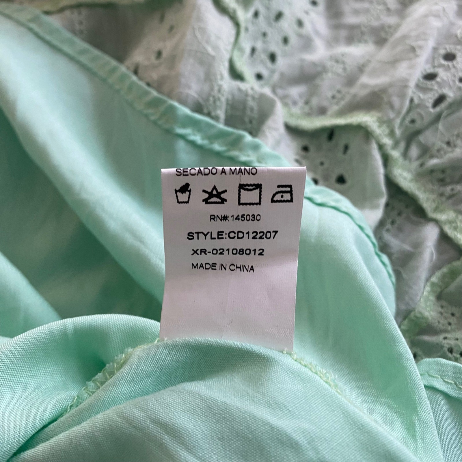 Chicways Eyelet Lace Mini Dress Womens L Mint Green Cutout Bell Sleeve NWT