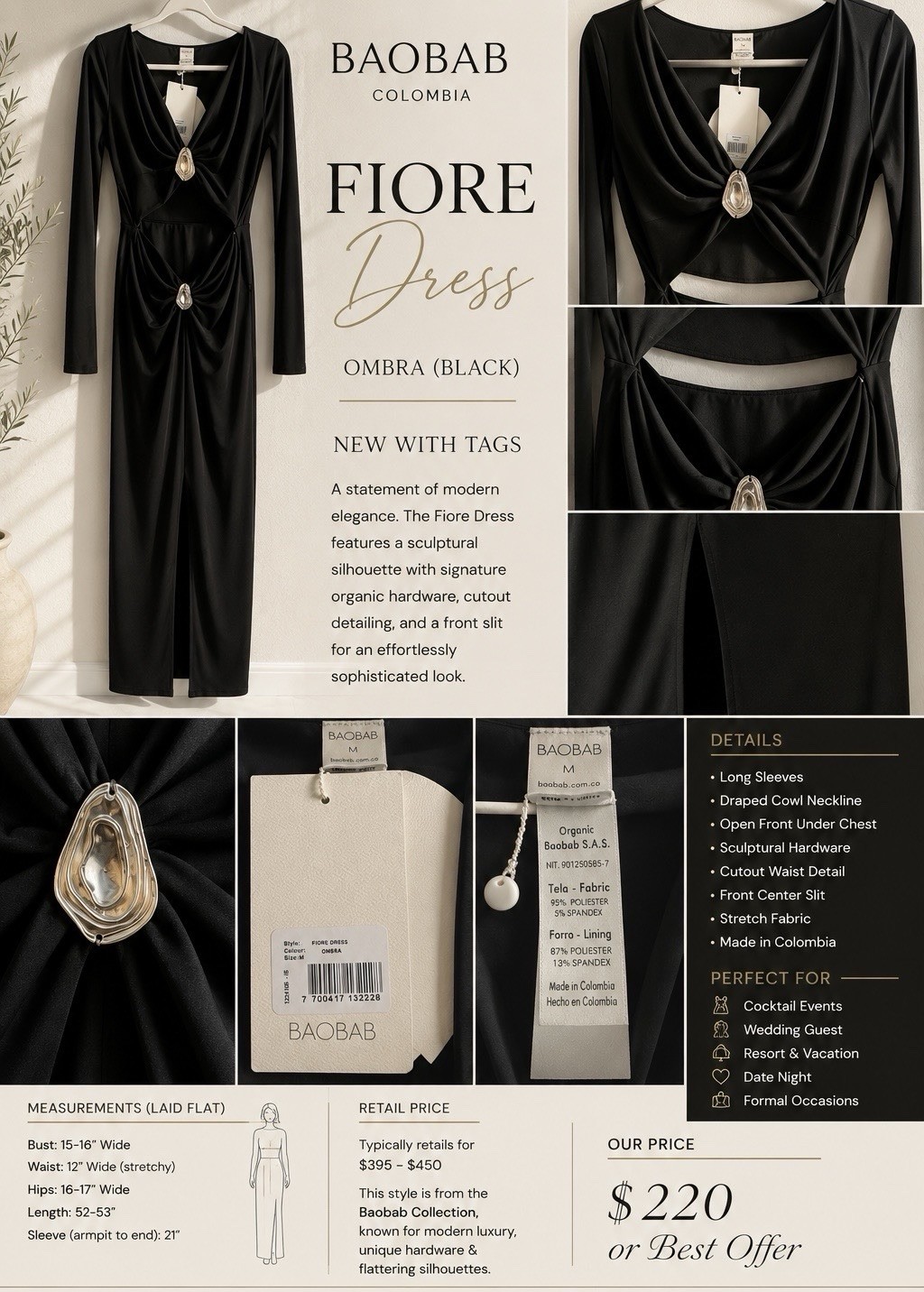 NWT Baobab Fiore Dress Ombra Black Medium Cut Out Maxi Long Sleeve Designer