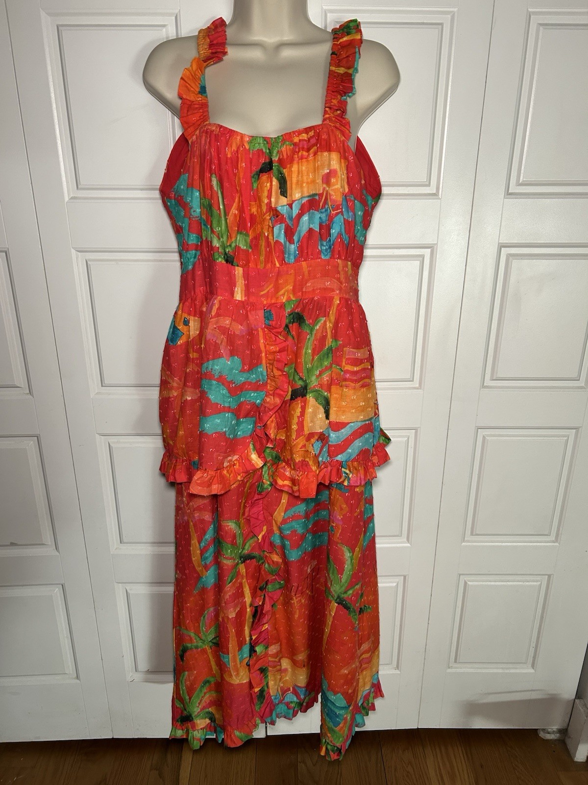 FARM Rio Tropical Midi Dress L Colorful Ruffle Resort Vacation Cotton