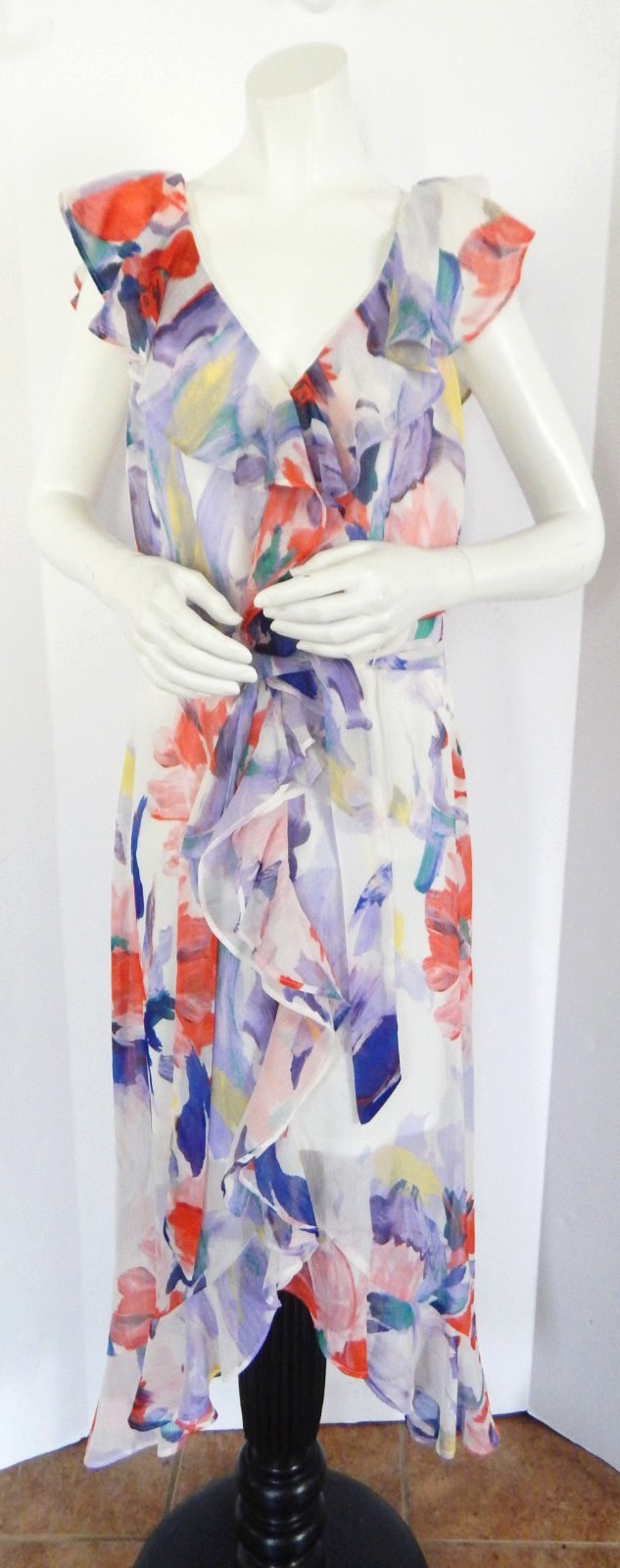 Harper Rose Watercolor Floral Ruffle V-Neck Lined Below Knee Dress Size 4