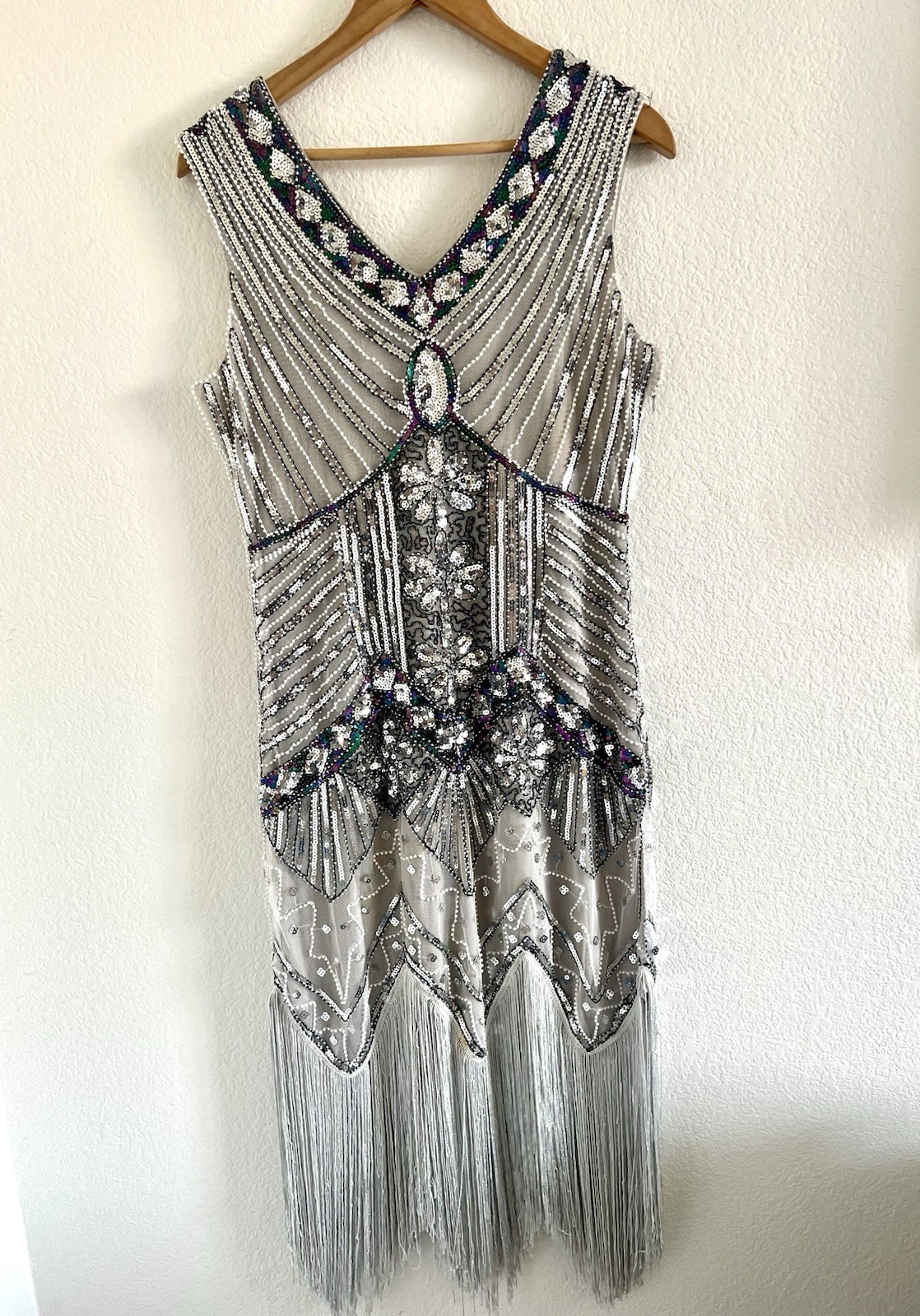 Womens Silver Geometric Sequin Beaded Fringe Mesh V-Neck Shift Dress Size L