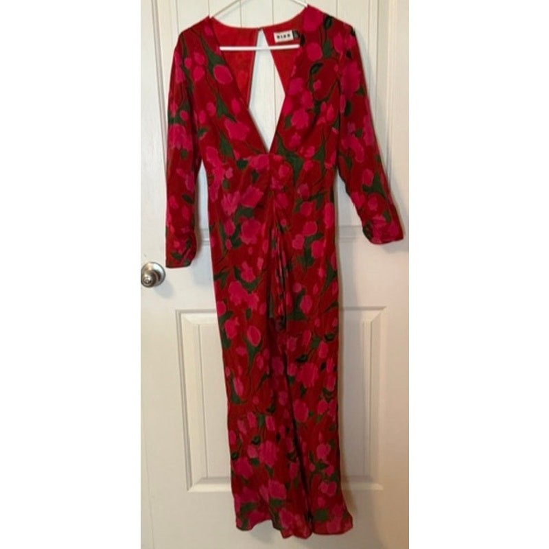 RIXO Silk Ruffled Rose Printed Open Back Maxi Dress 6