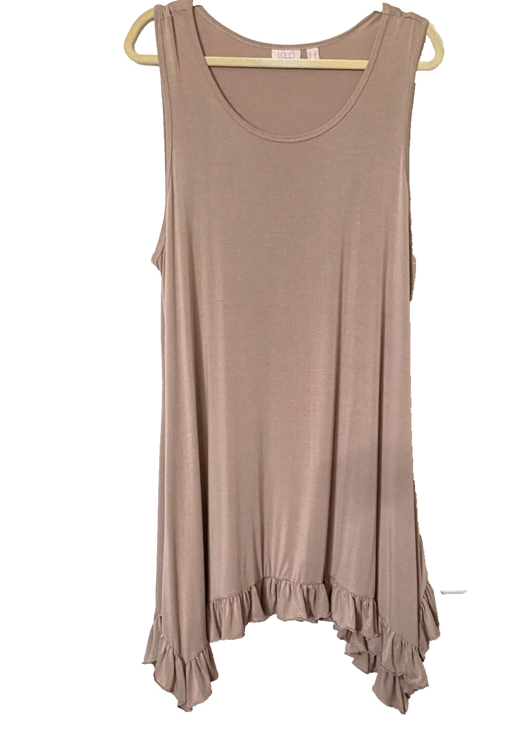 LOGO LAYERS Lori Goldstein Rayon Knit Sleeveless Tank Dress Ruffle Hem in Tan 2x