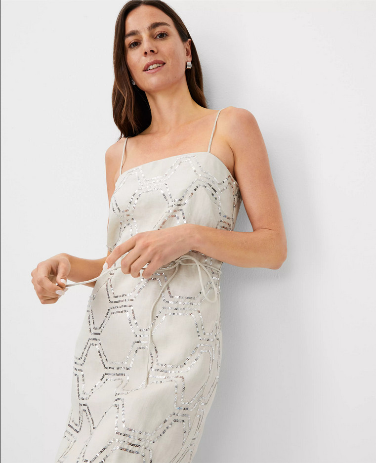 NEW ANN TAYLOR $248 STUDIO COLLECTION LINEN SEQUIN SPAGHETTI STRAP MIDI DRESS 4