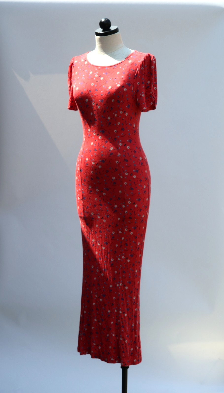 Free People Red Rayon Stretchy Jersey Floral Bodycon Tshirt Maxi Dress Women S