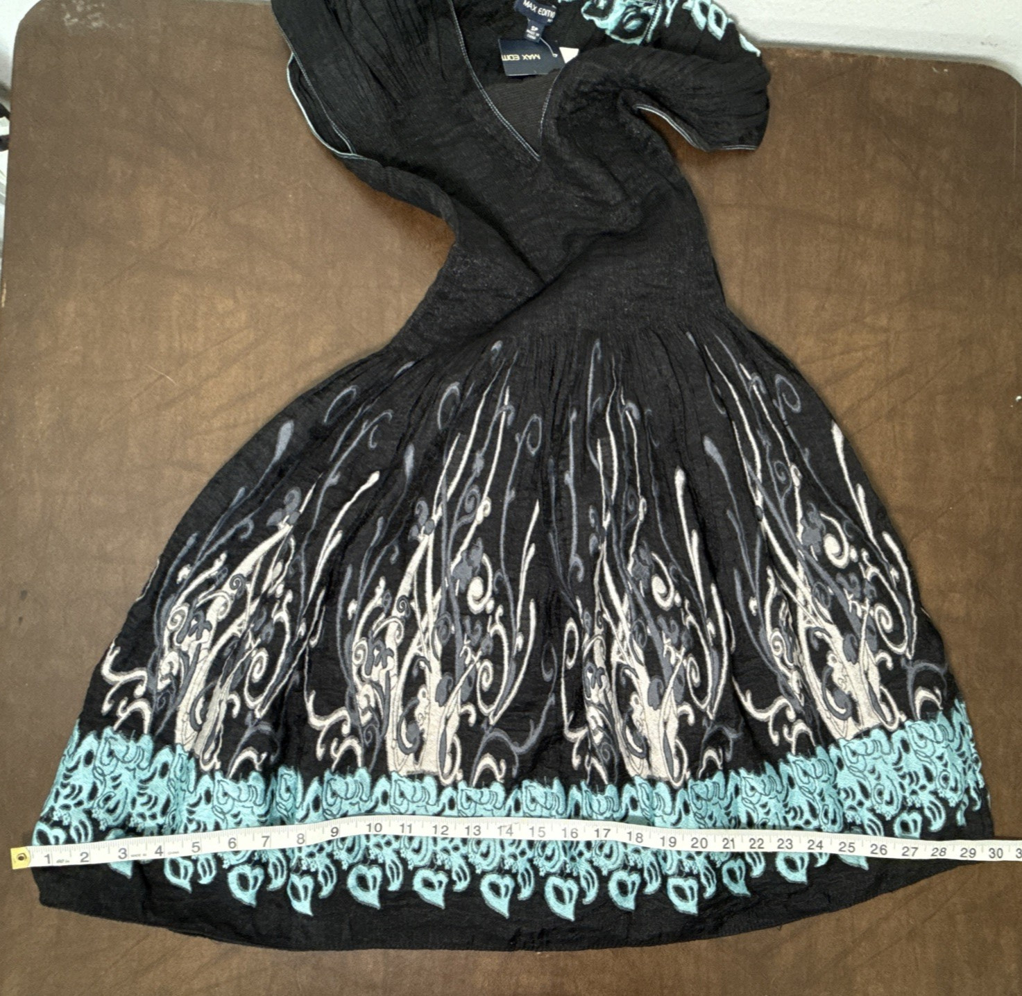 NWT Max Edition Black Multi Stretch Smocked Fit And Flare Dress Sz Petite Small