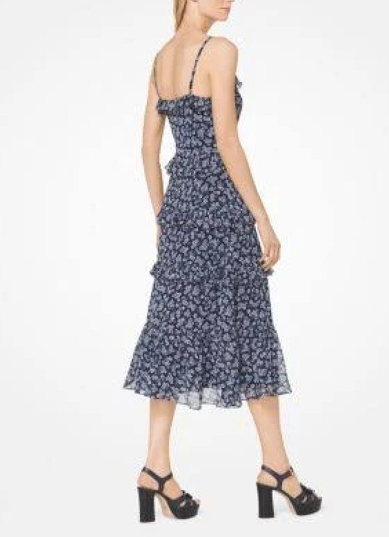 Michael Kors Floral Tiered Midi Dress Size L NWT Navy Blue Ruffle Chiffon Lined