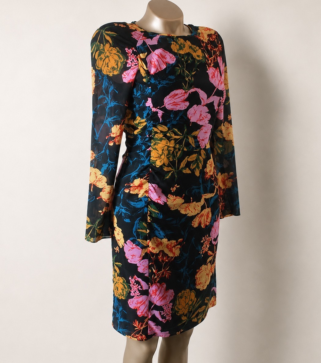 Whistles Silk Floral Dress UK 10 Multi Colour Ruched Long Sleeve Occasion.
