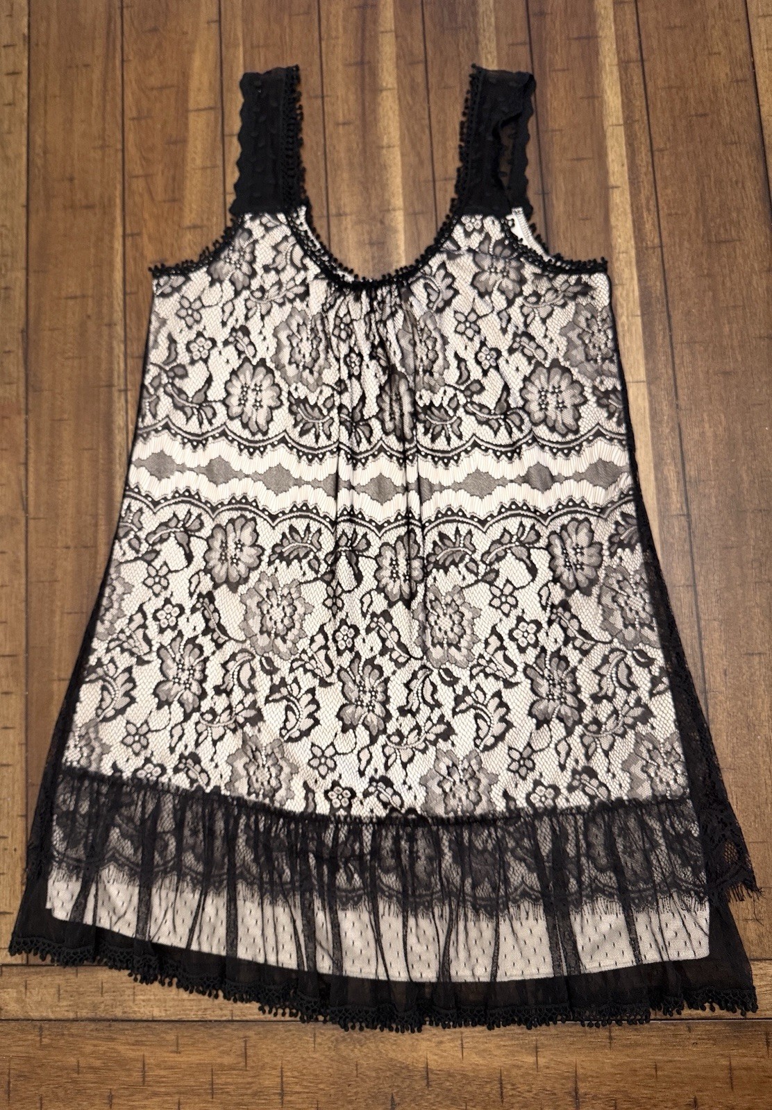 Sz M Black & Nude Lace Chiffon Gauze Gothic Mini Dress Tafetta Babydoll Sundress