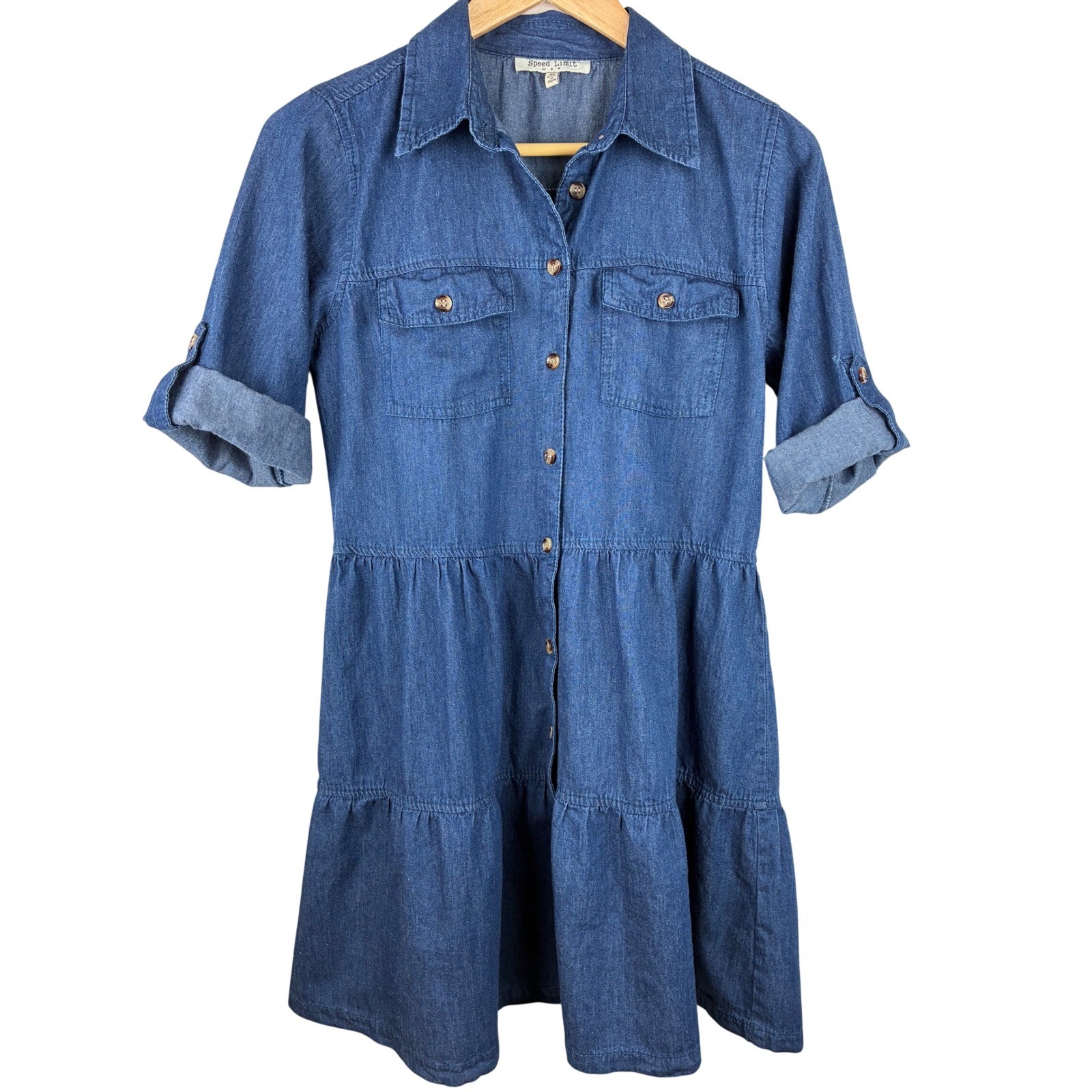 Speed Limit Medium Chambray Tiered Shirt Dress Blue 100% Cotton Roll Tab Sleeve
