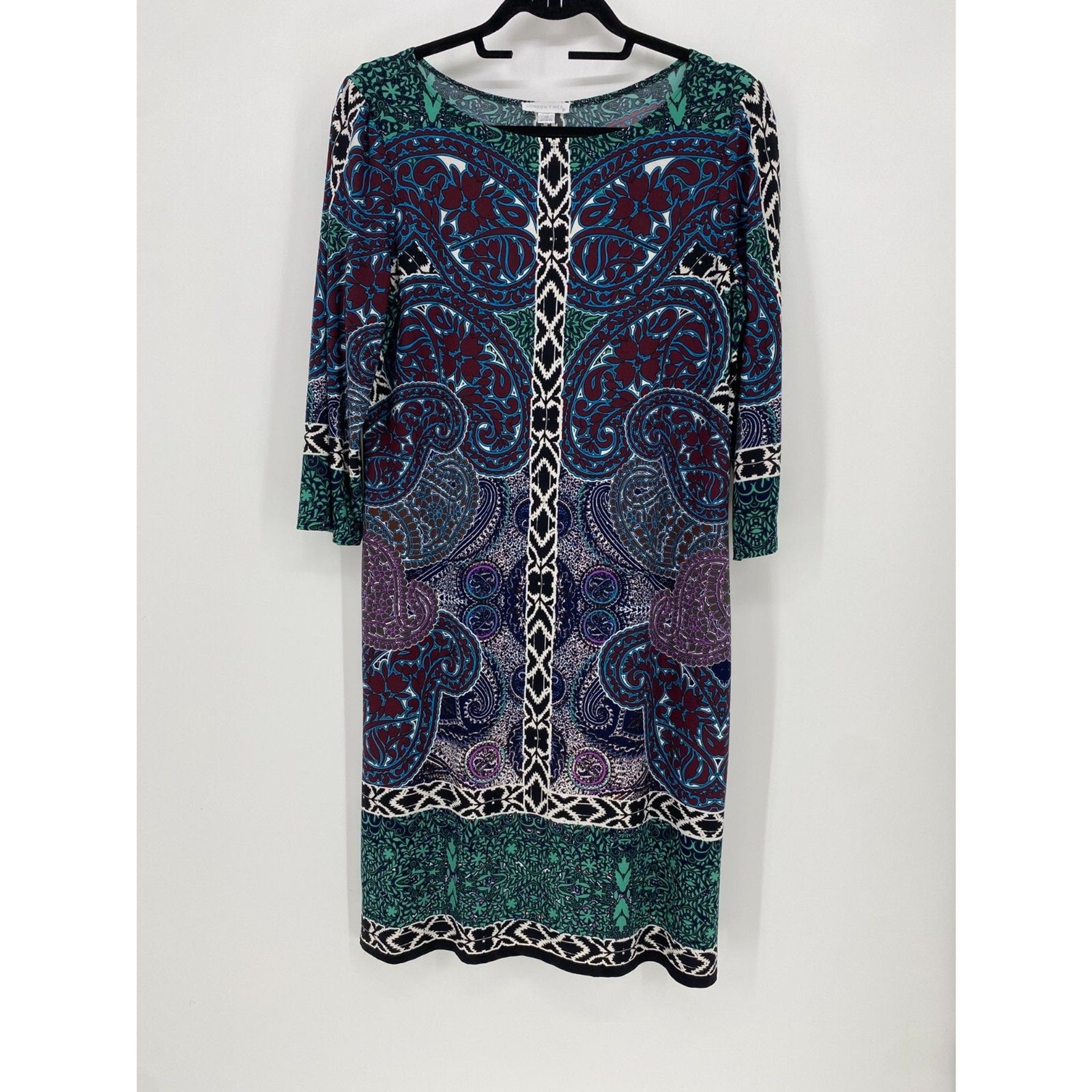 London Time Paisley Mixed Print Retro Colorful Stretchy 3/4 Sleeve Dress sz 10