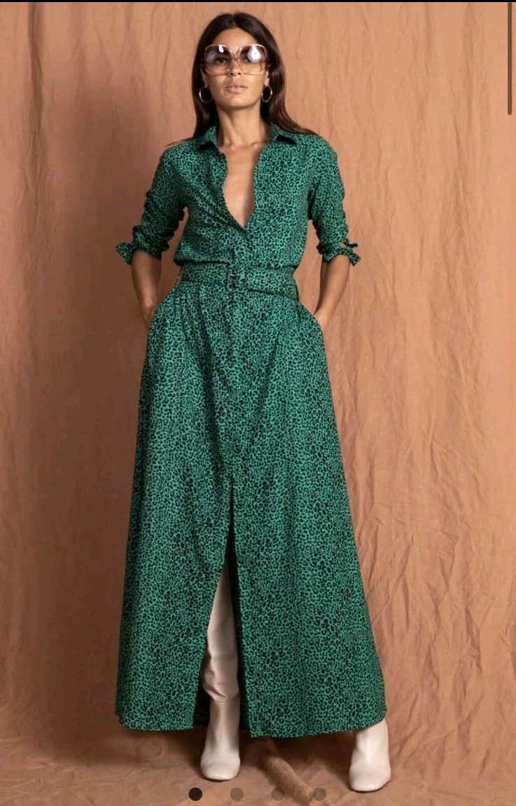 Dancing Leopard Dove Maxi Shirt Dress Green Animal Print Wedding UK 14 Party EUC