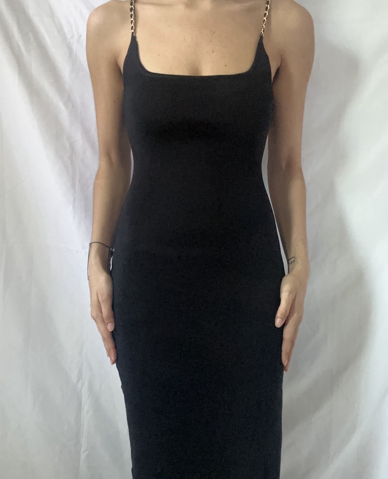 Womens Black Bodycon Midi Dress Slit Chain Strap- MEDIUM