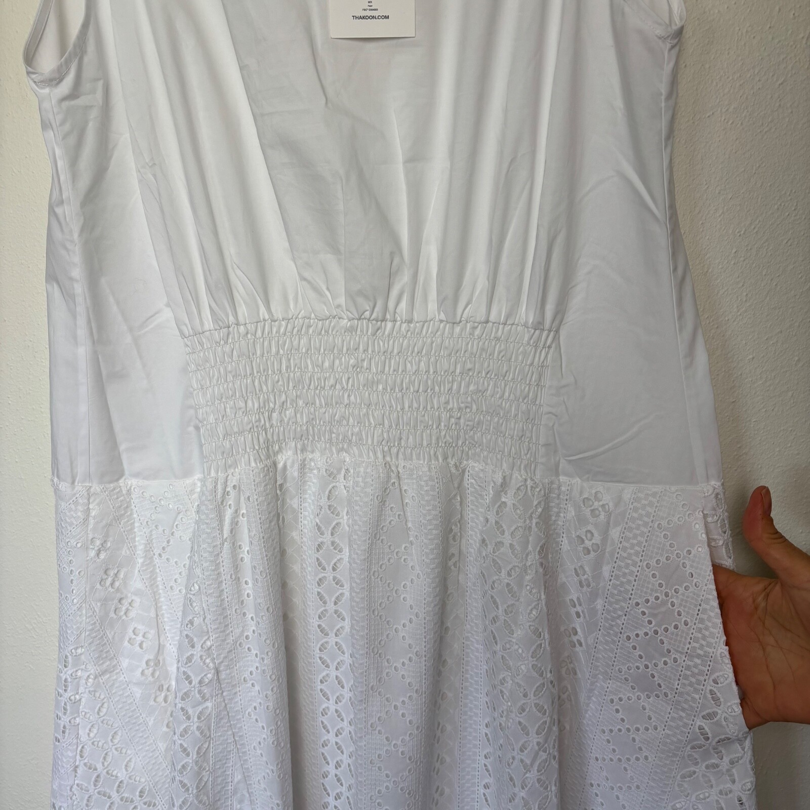 Thakoon white Eyelet Combo Trapeze long Dress Size 2 NWT smocked waist summer