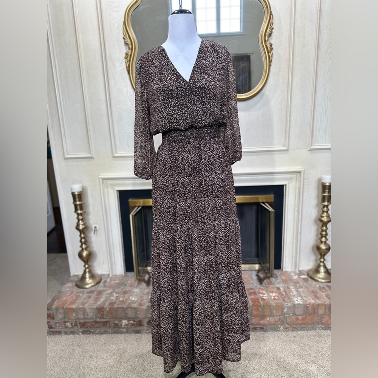 Eva Mendes Leopard Print Maxi Dress M Sheer Sleeves Lined Smocked Waist V-Neck