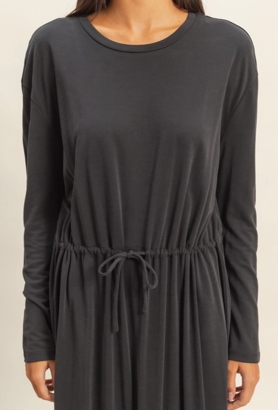 Double Zero Drawstring Waist Long Sleeve Midi Dress Black
