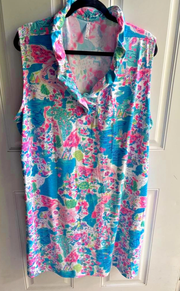 Lulu-B Palm Beach Sleeveless Dress Pink Blue Ruffle V-neck Resort – 3X – UPF 50+