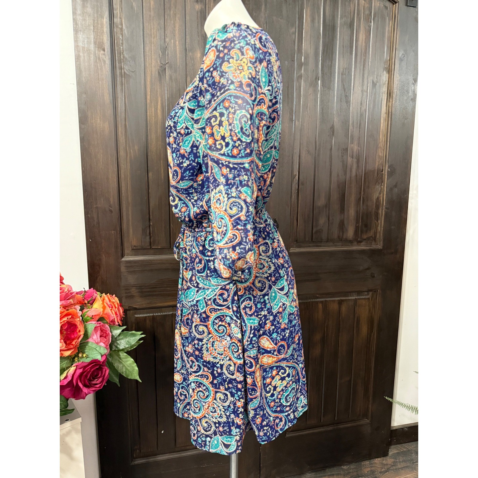 BeBop Womens Blue Paisley Print V-Neck 3/4 Sleeve Elastic Waist Mini Dress Large