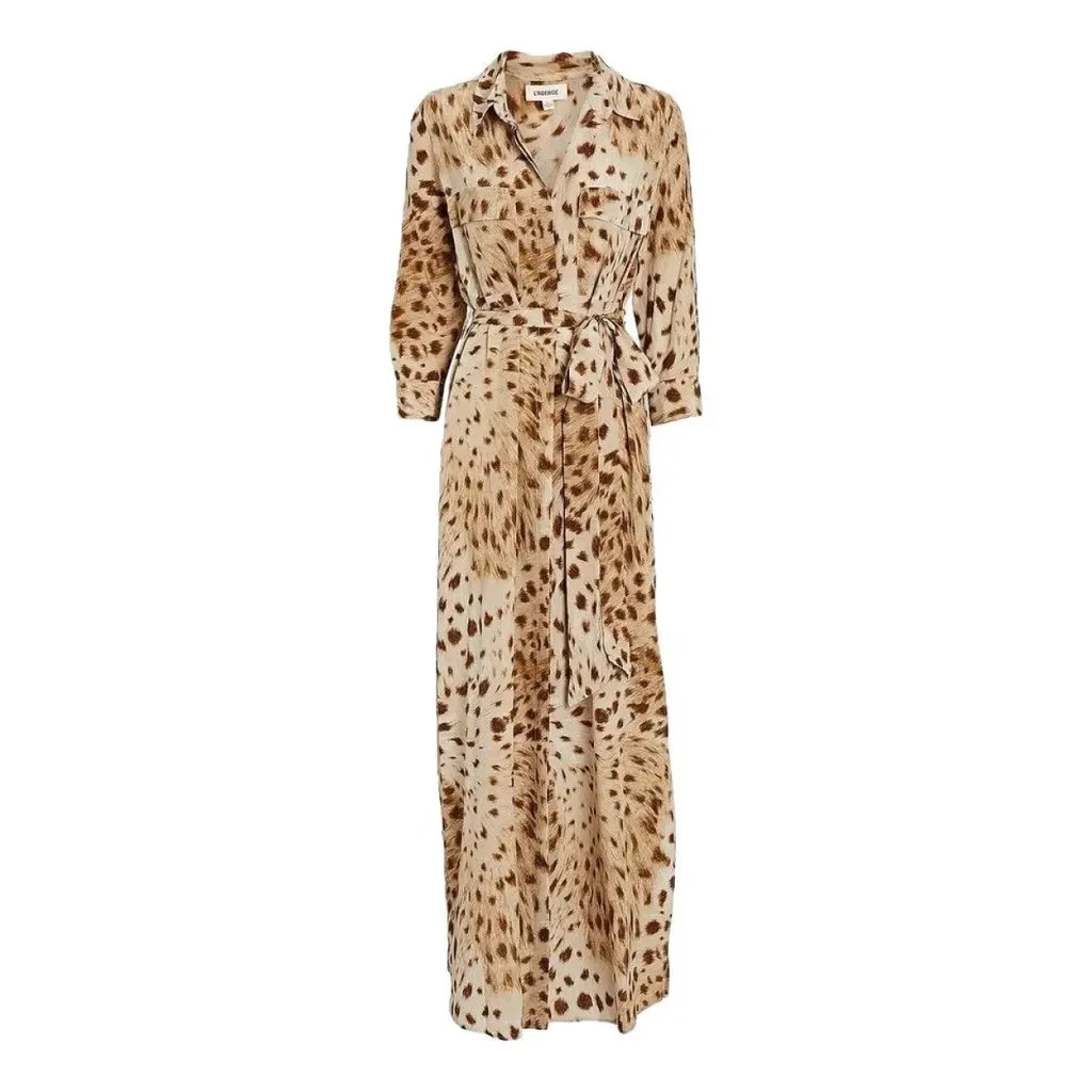 NWT L’AGENCE Cameron Silk Collar Dress Cacao Leopard Rope Belt Sleeves L Large