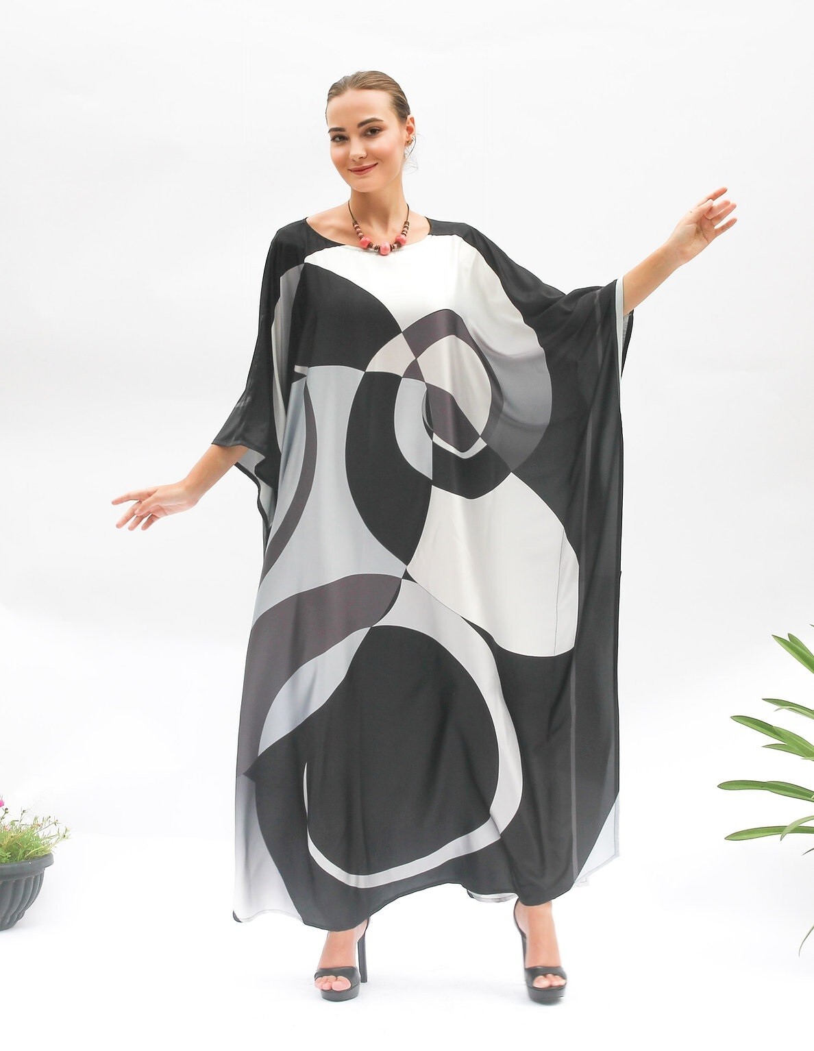 Printed Black & White Kaftan, Long Caftan, Soft Satin Silk Kaftan, J5819