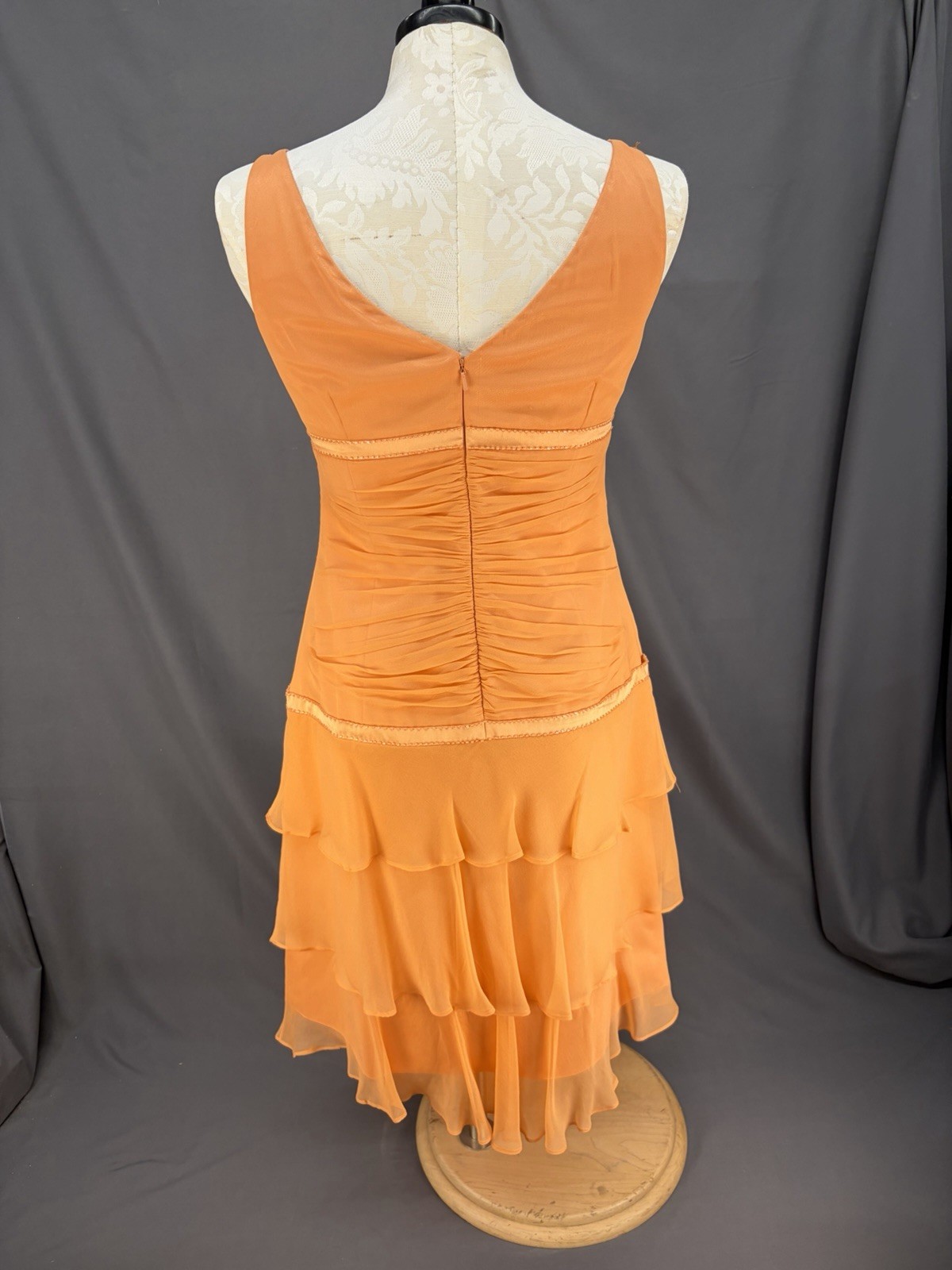 VTG CAILAN’D Orange Beaded Ruffled Midi Dress Size 16 with Matching Neck Scarf