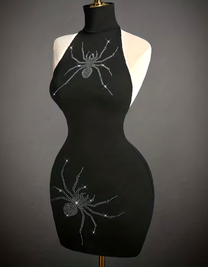 Large Black RHINESTONE SPIDER Bodycon. Sleek Knit Backless Mini Dress. SCARY!