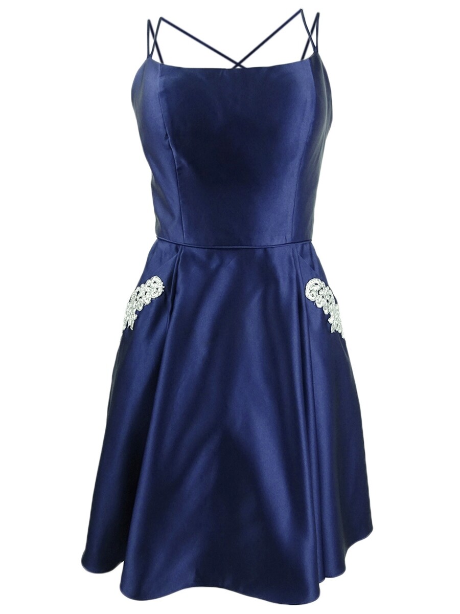 Blondie Nites Juniors’ Embellished-Pocket A-Line Dress $179 Size 9 # 12B 1221 N