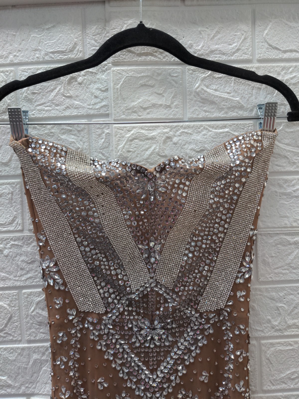 Pre-owned Mew Mews Strapless Embellished Rhinestone Fringe Mesh Mini Dress Sz M