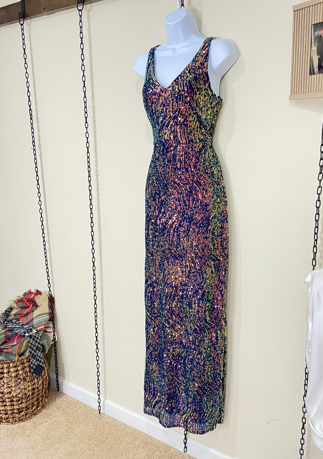 Nightway Size 8 Full Sequin Blue Maxi Dress Gown Formal Prom Gala Wedding Guest