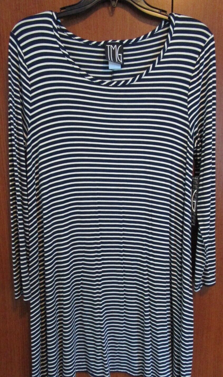 New TMG Black White Striped Dress Sz XL Rayon Spandex Bust 38 + Length 34 in