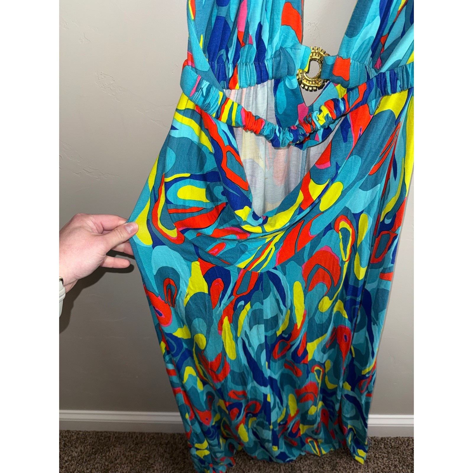 Trina Turk Halter Maxi Dress Blue Orange Swirl Print Gold Ring Detail Size 2