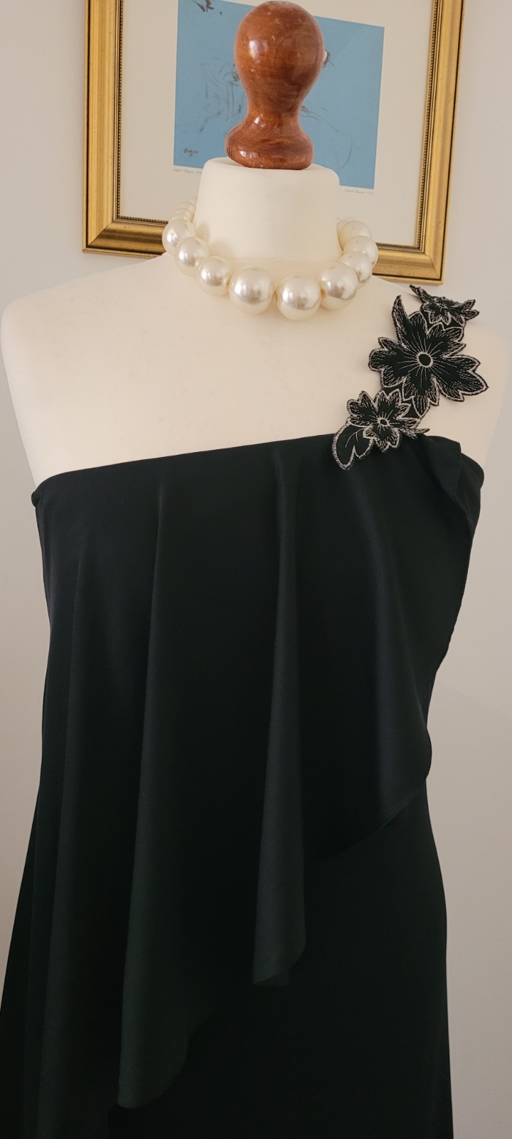 CLAUDIE AMOS Vintage Black One Shoulder Floral Applique Dress UK8 Made In UK