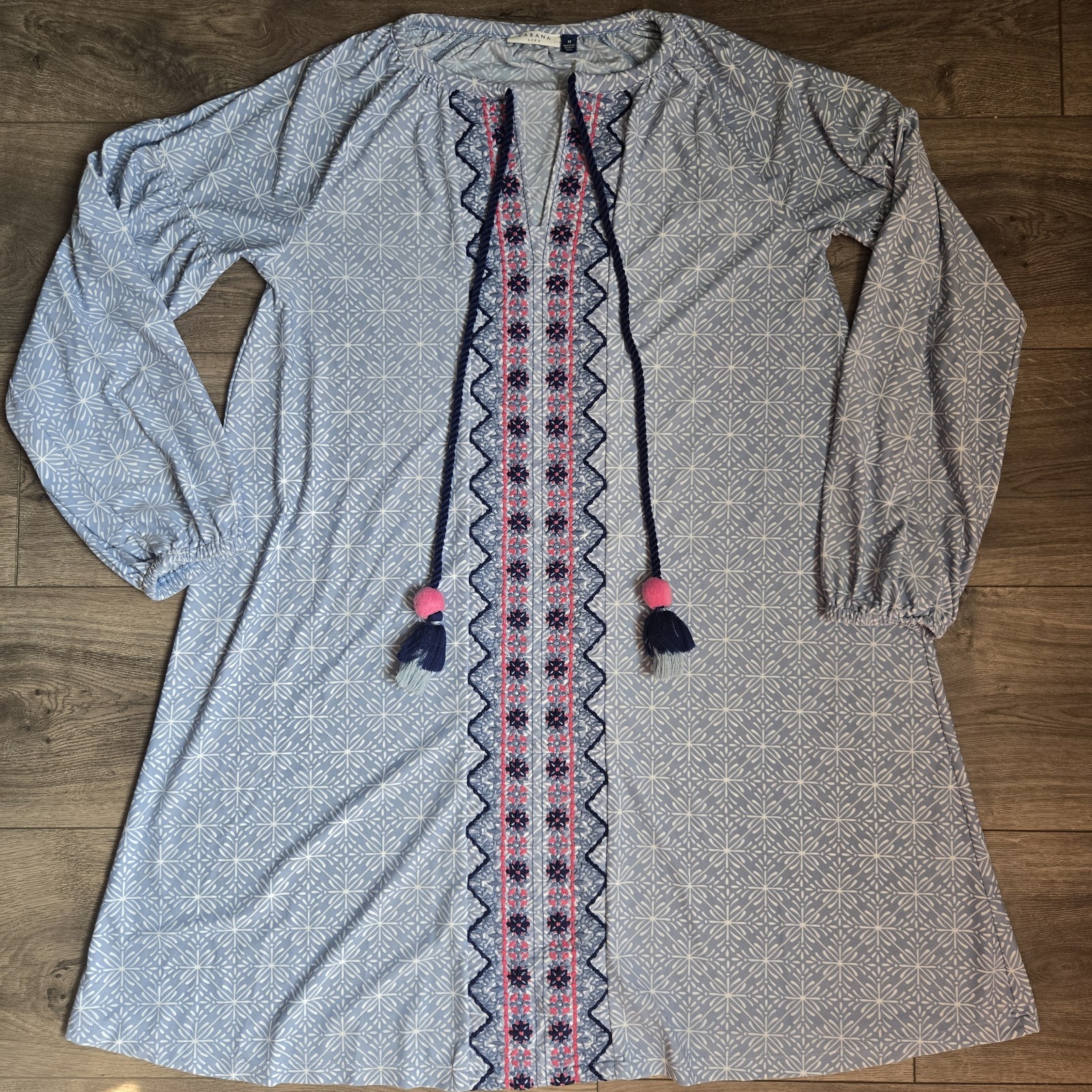 Cabana Life Embroidered Geometric Tassel UPF Dress Cover-Up Blue Pink Medium M