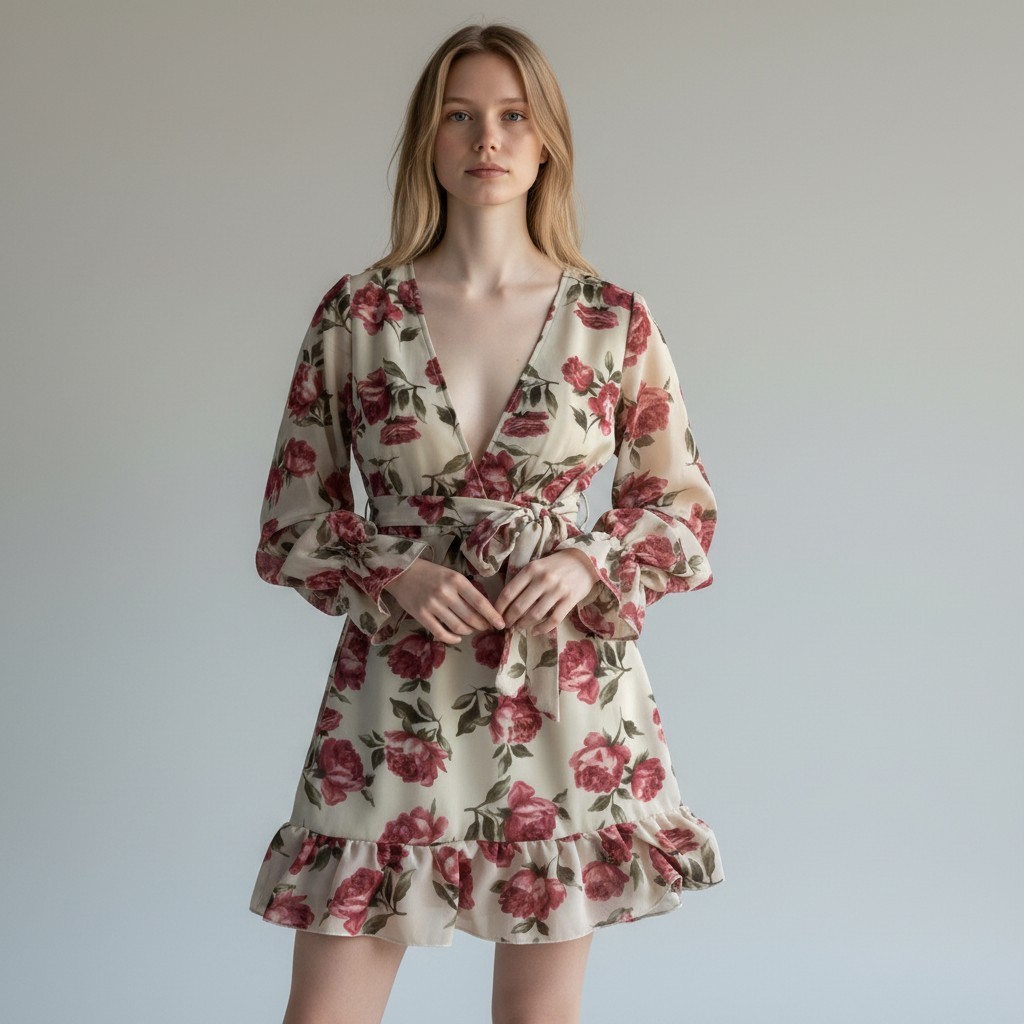 Nasty Gal Collection Floral Rose Wrap Mini Dress Bishop Sleeve Ruffle NWOT Size8
