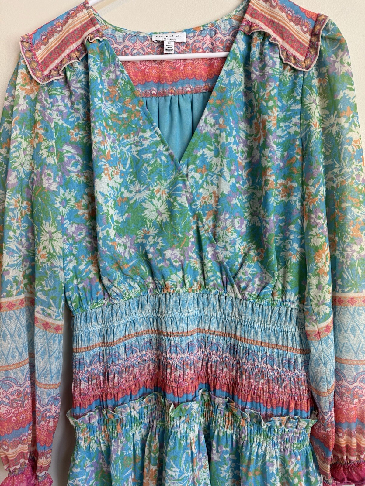 Current Air Anthropologie Boho Floral Mini Dress V Neck Tiered Hem Festival