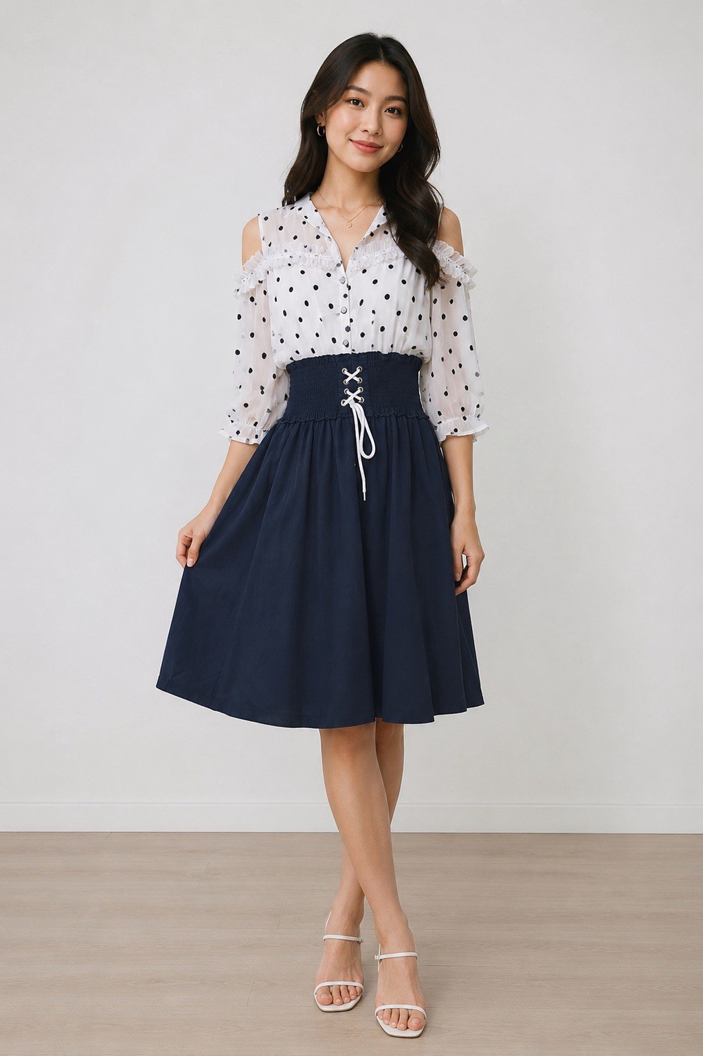 Zola Navy Blue Polka Dot 3/4 Cold Shoulder Sleeve Midi Dress 40/8