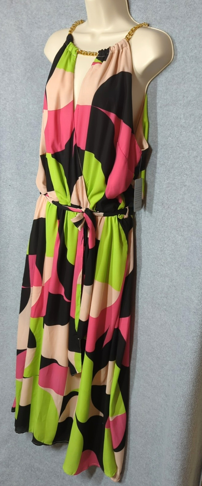 New Plus 2X Maxi Dress Sleeveless Elastic Waist Chain Accent Bold Bright Beauty