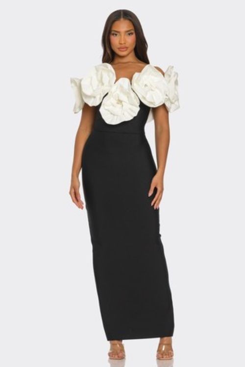 Black White 3D Rosette Sculpted Gown Bandage Off Shoulder Gala Red Carpet Maxi