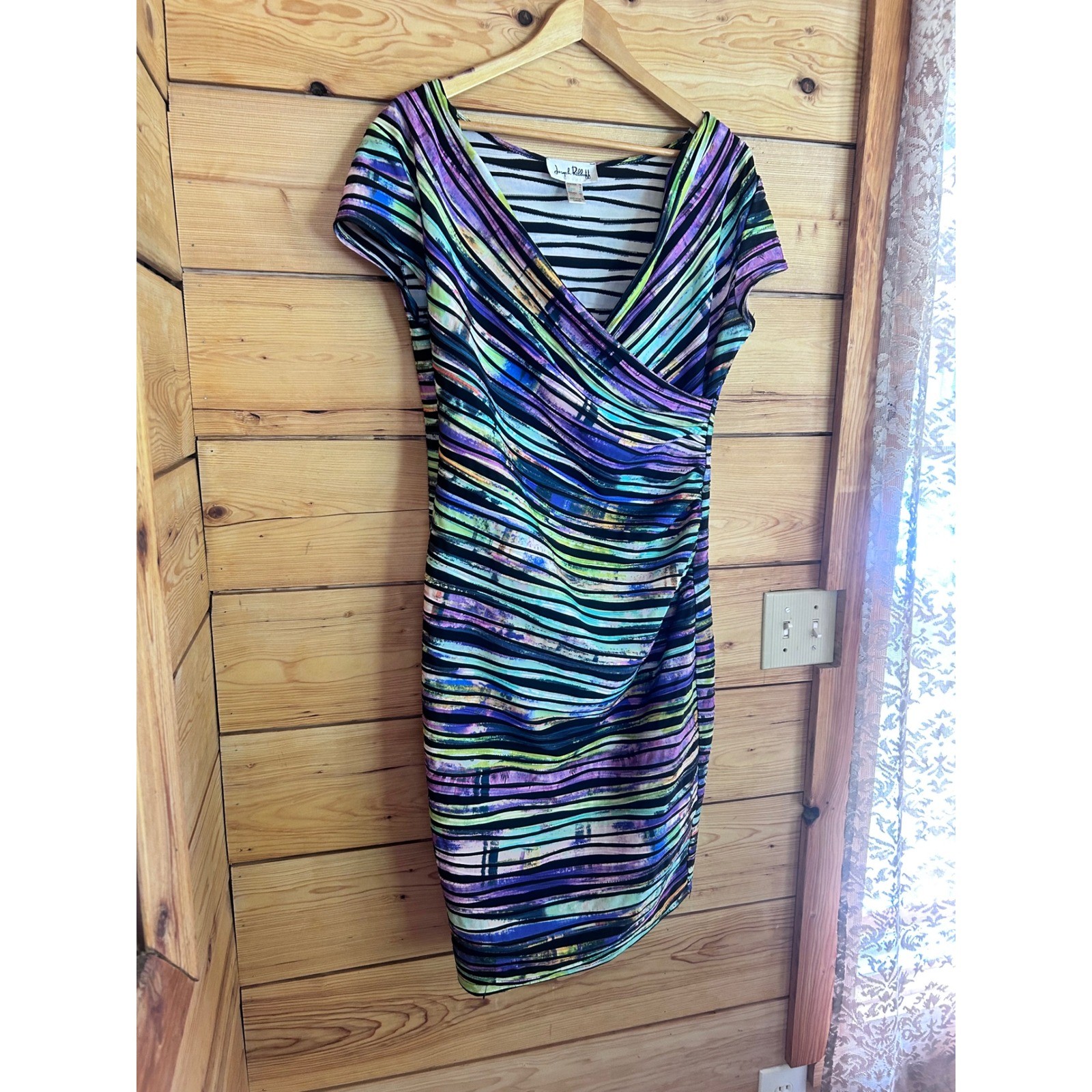 Abstract Neon Stripe Sheath Dress Womens Size 14 Multi Green Joseph Ribkoff MOTG