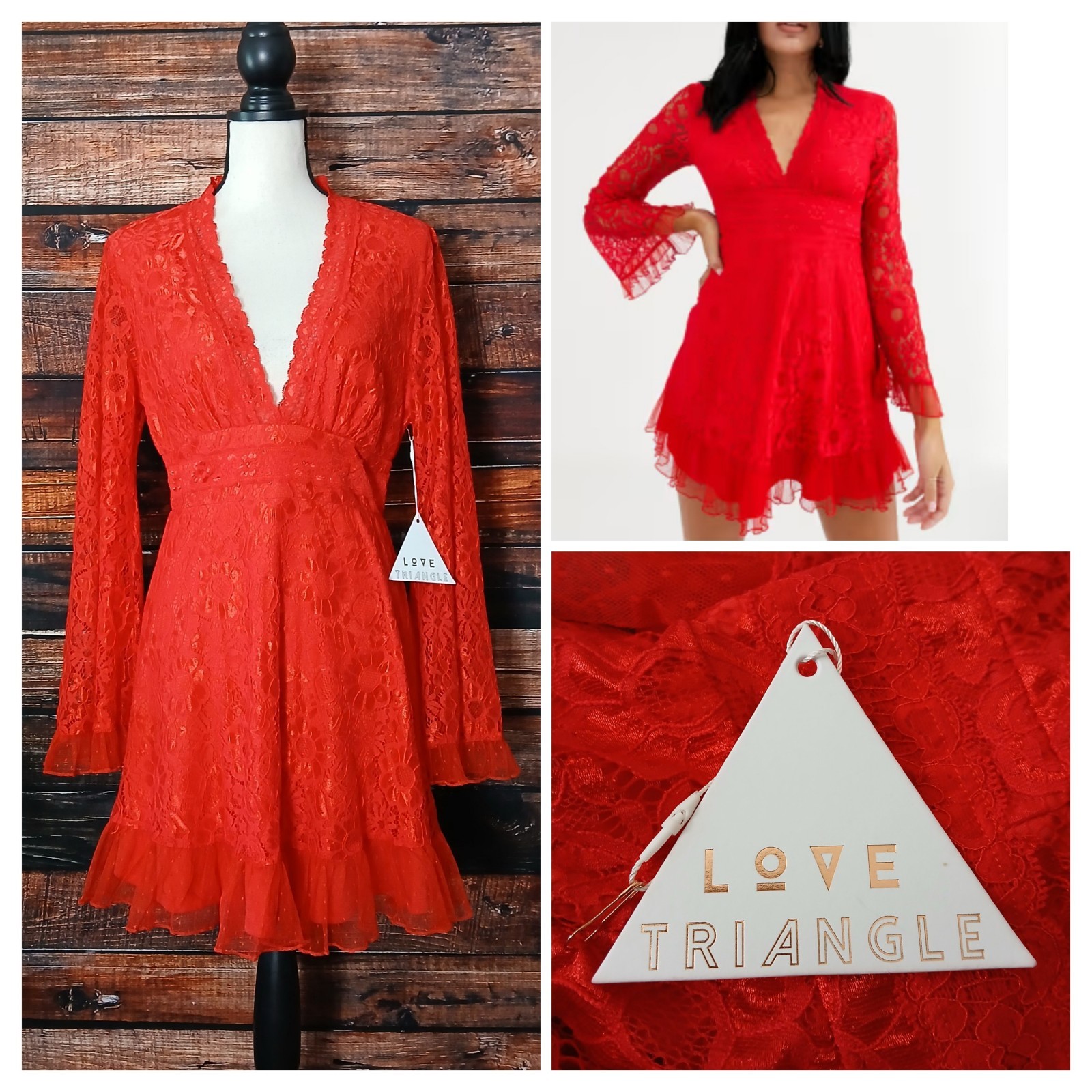 Love Triangle Dress Size 14 Plunge Front Red Lace Skater Flared Sleeve NWT